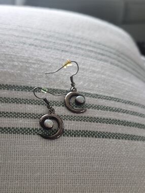 Moon Crescent Dangle Earrings with Opal Accent - Silver Tone
